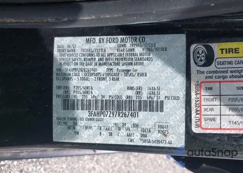 2007 Ford Fusion Se z USA, uszkodzony, nr VIN 3FAHP07Z97R267401